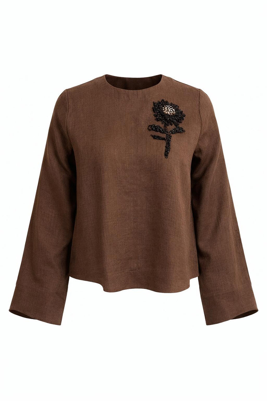 Fifine Long Sleeve Linen Blouse - BROWN