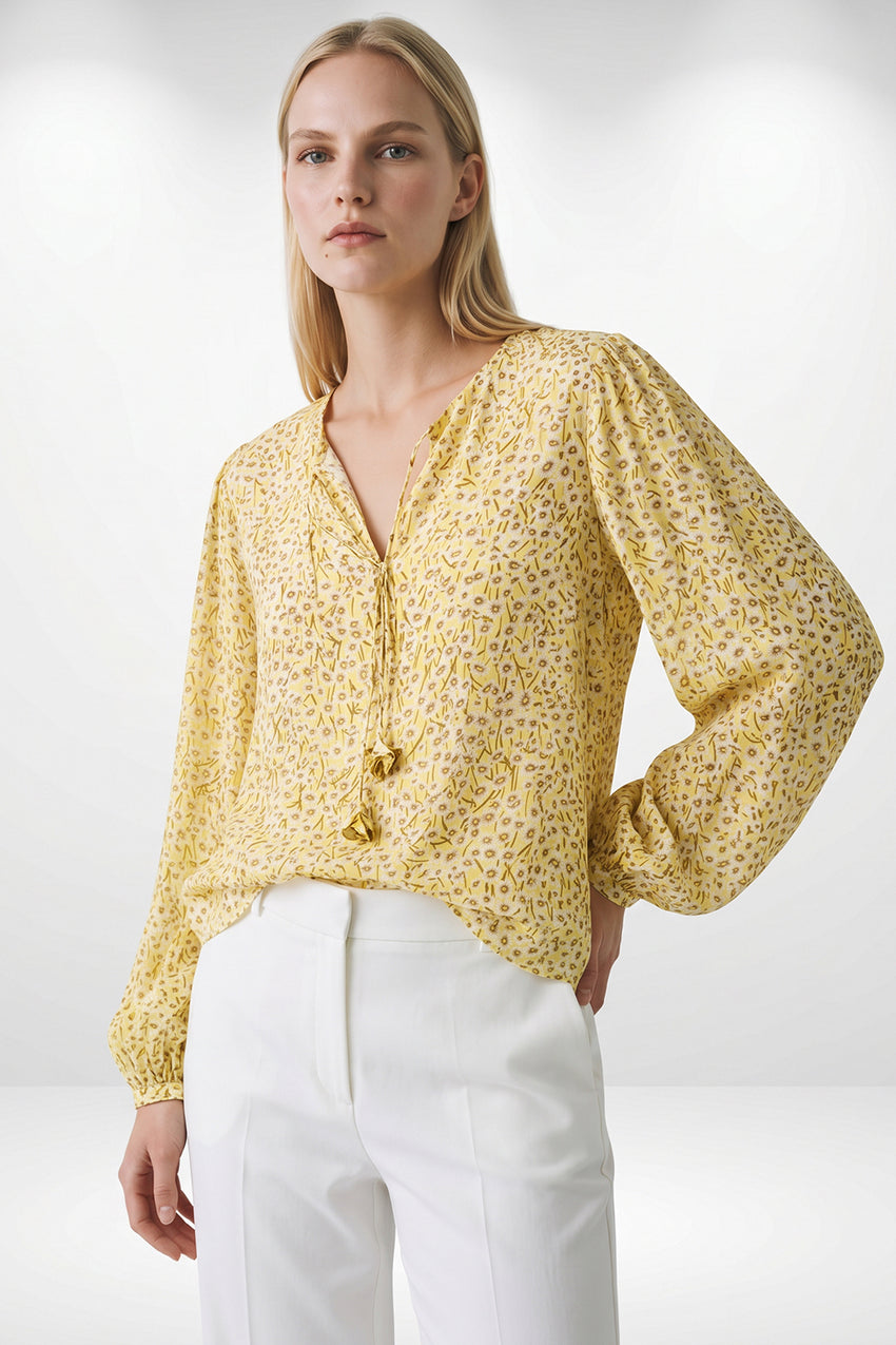 Florenz Crew Neck Tie Front Patterned Blouse - MULTI COLOR