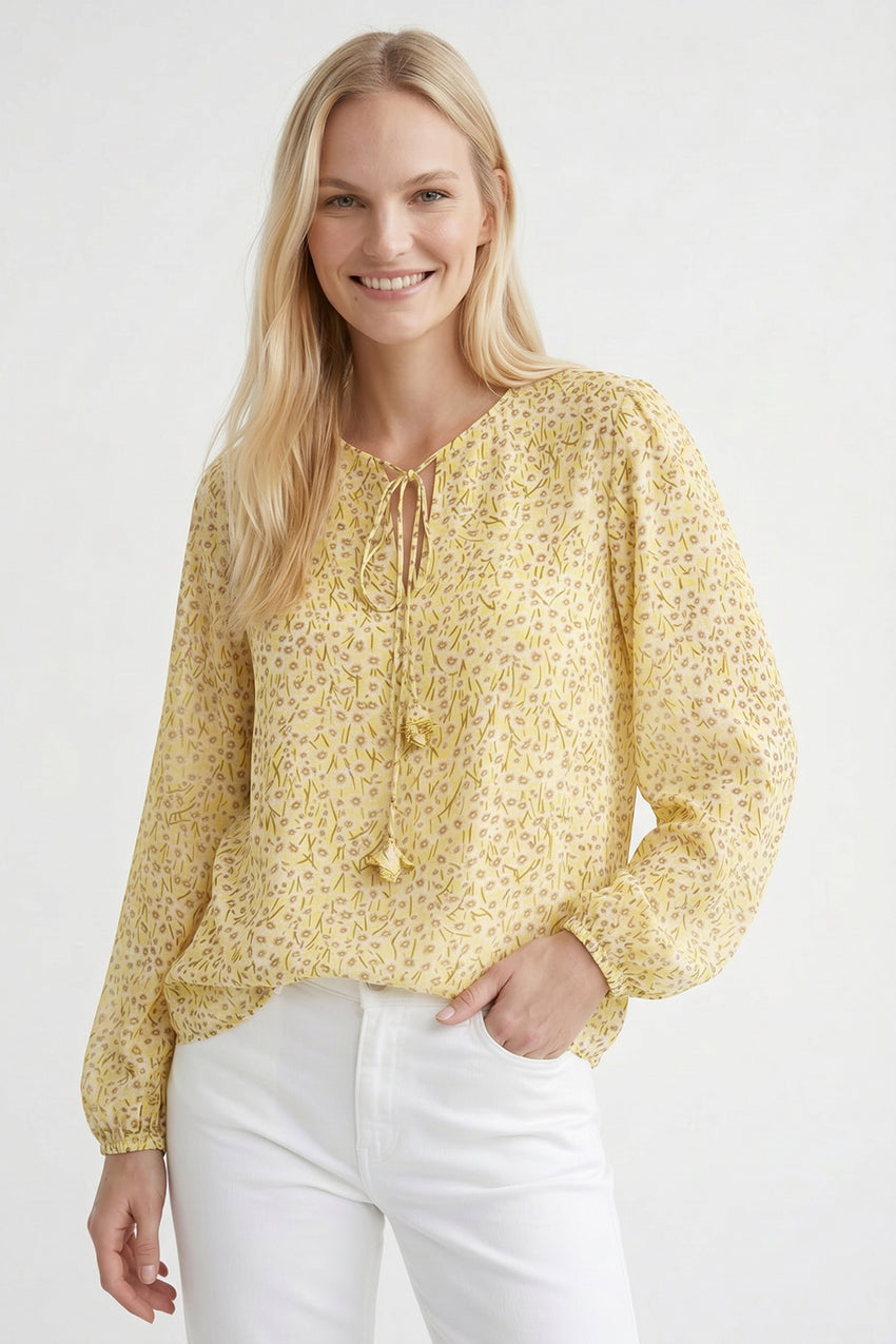 Florenz Crew Neck Tie Front Patterned Blouse - MULTI COLOR