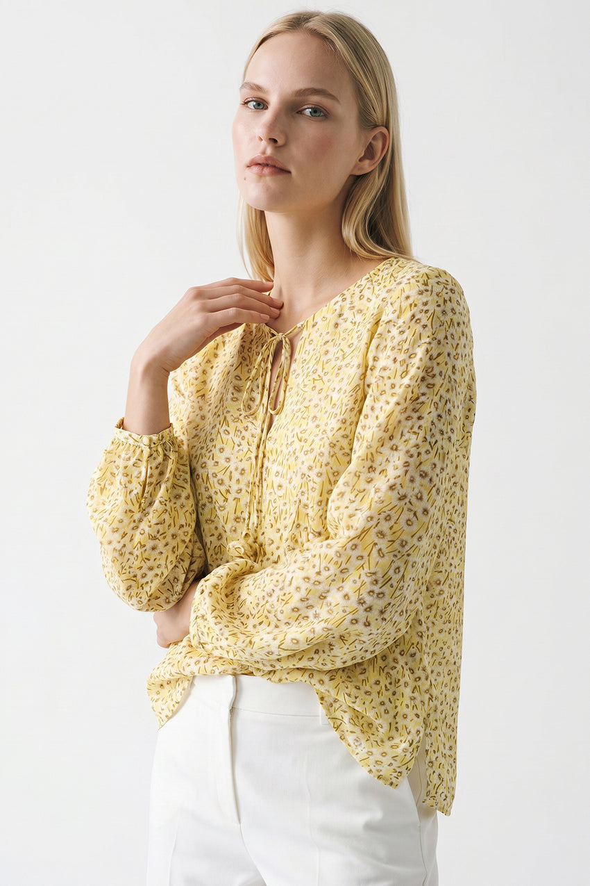 Florenz Crew Neck Tie Front Patterned Blouse - MULTI COLOR