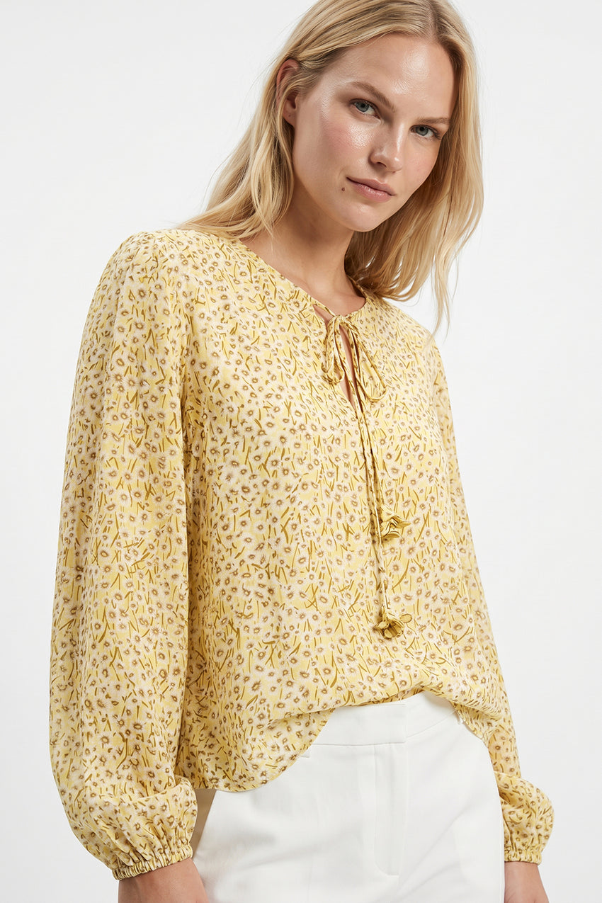 Florenz Crew Neck Tie Front Patterned Blouse - MULTI COLOR