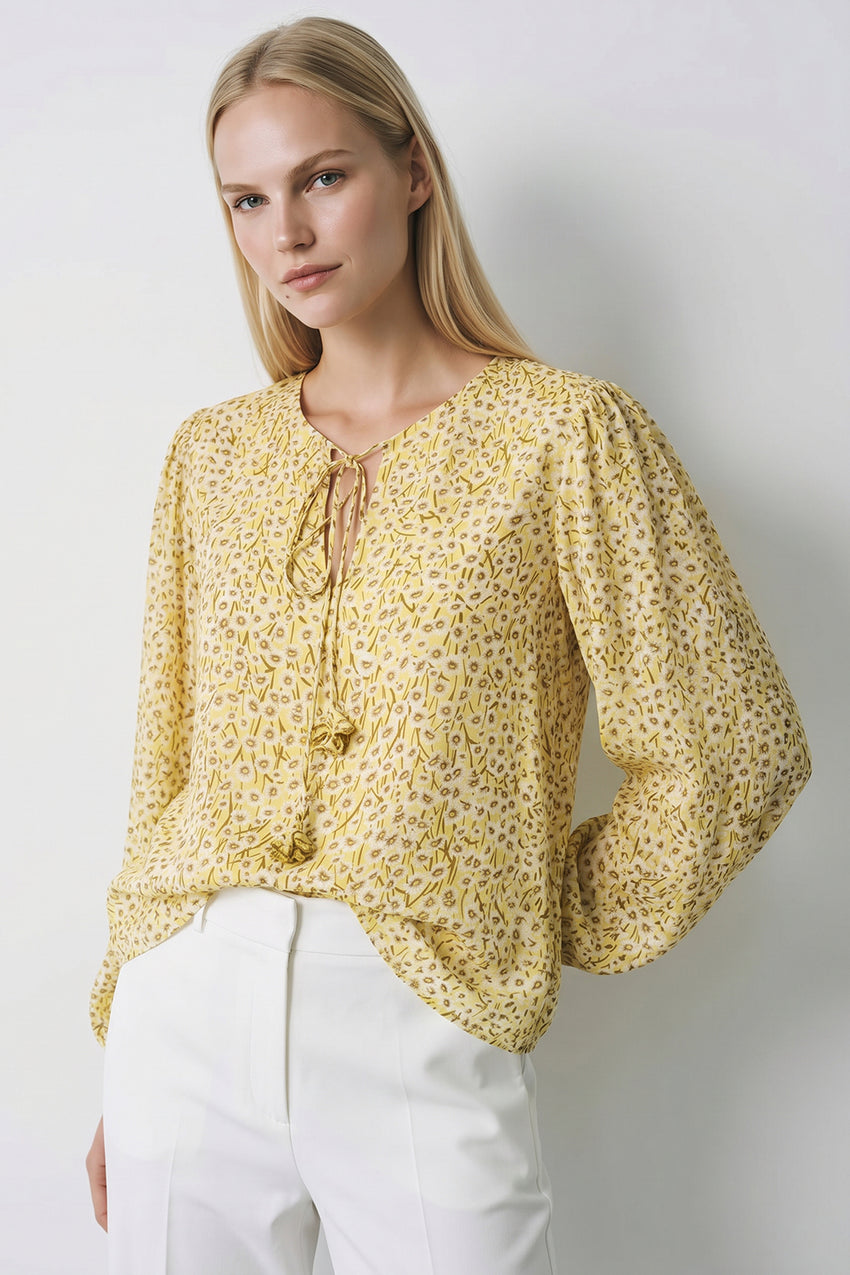 Florenz Crew Neck Tie Front Patterned Blouse - MULTI COLOR