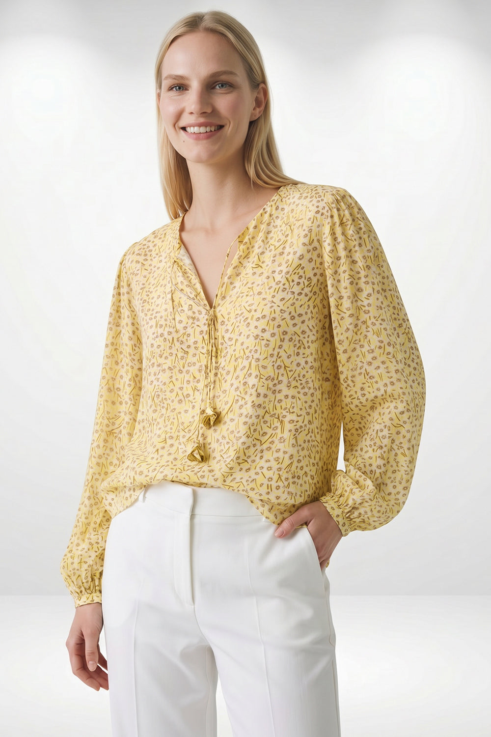 Florenz Crew Neck Tie Front Patterned Blouse - MULTI COLOR