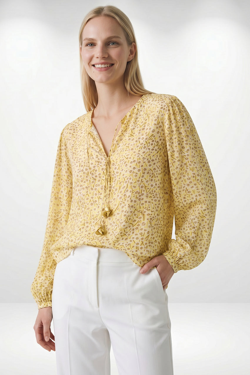 Florenz Crew Neck Tie Front Patterned Blouse - MULTI COLOR