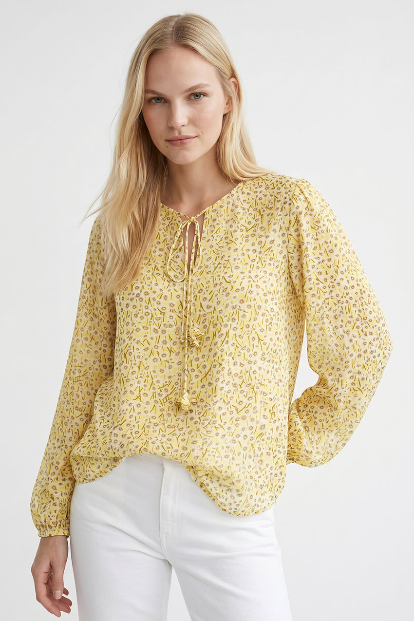 Florenz Crew Neck Tie Front Patterned Blouse - MULTI COLOR