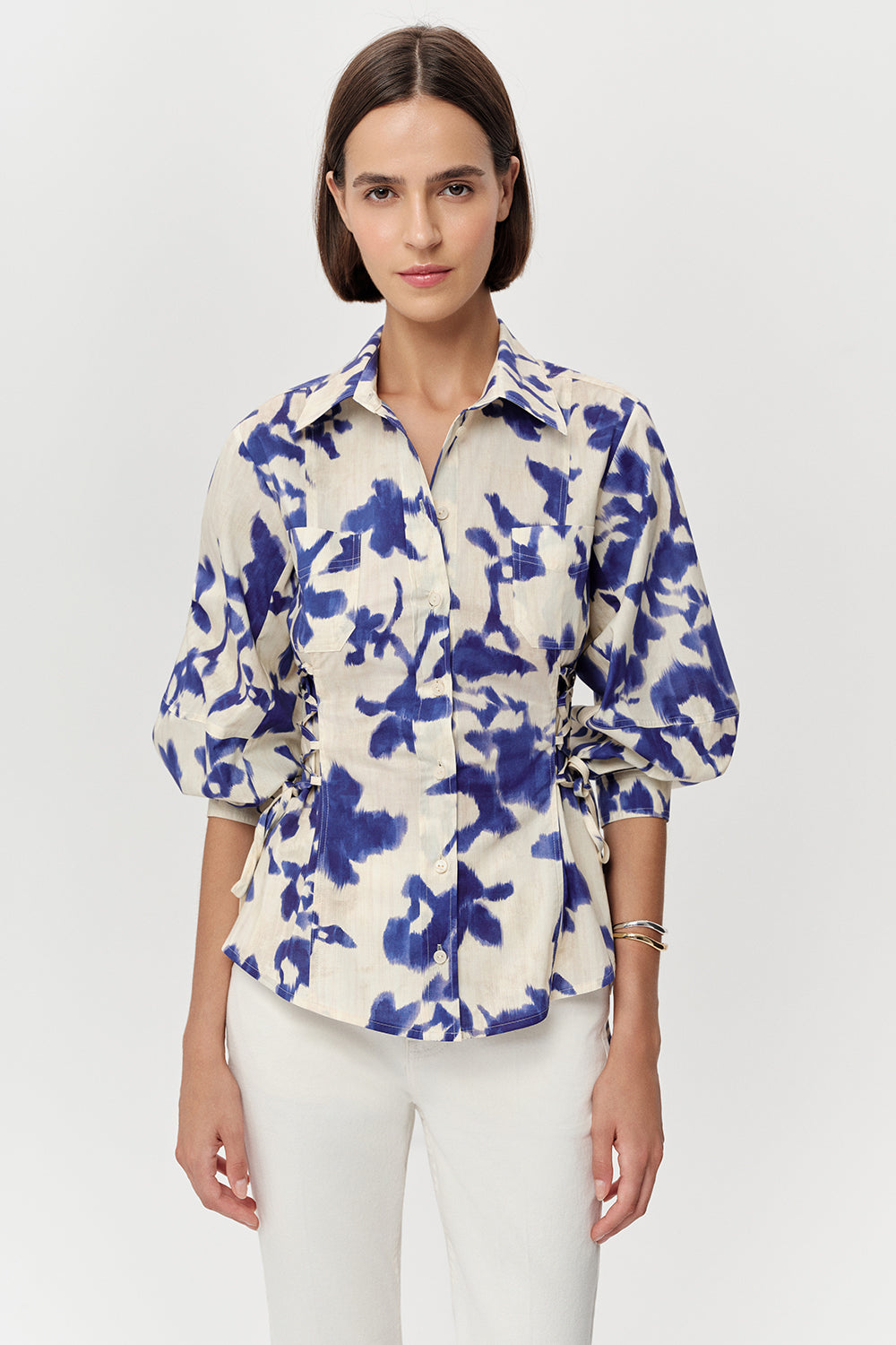 Ambrosina Collar Puff Sleeve  Shirt - MULTI COLOR