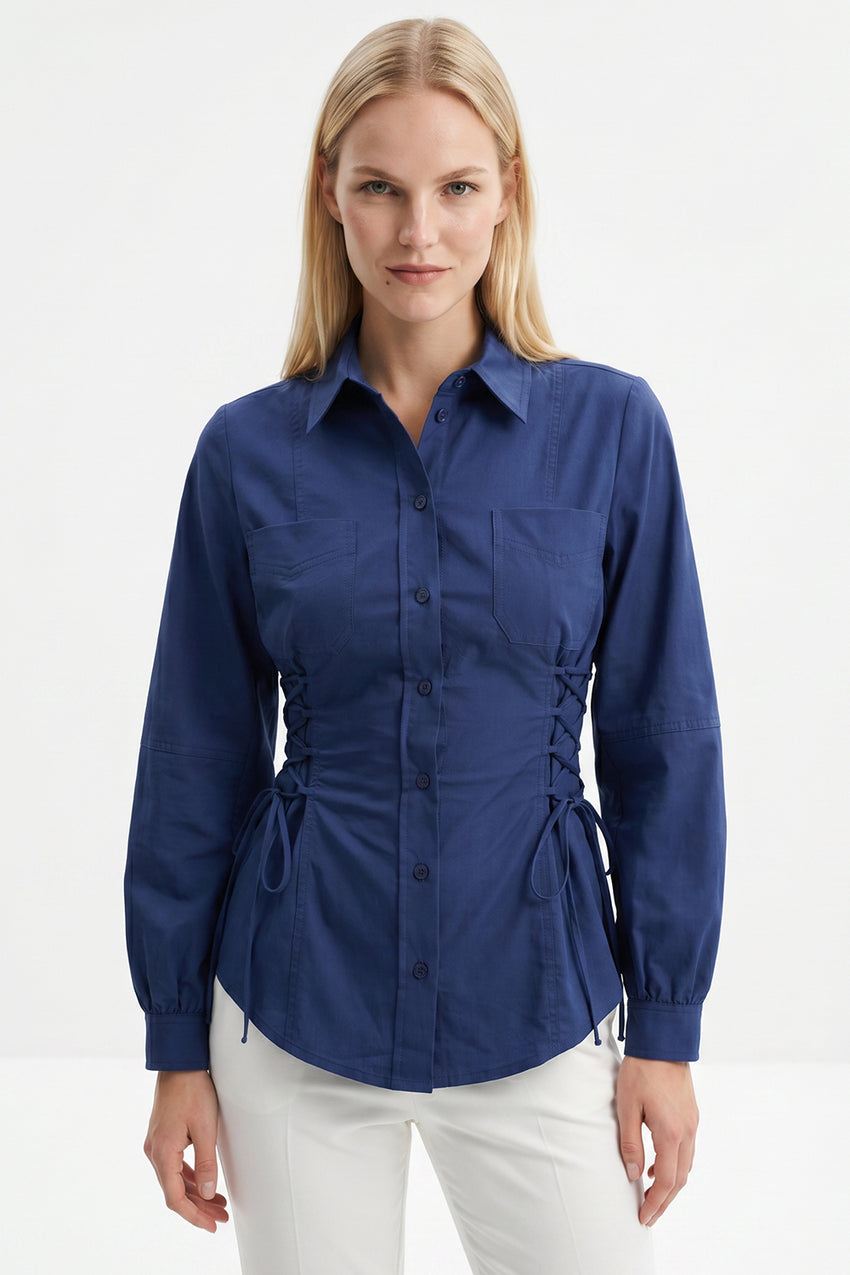 Arcene Balloon Sleeve Shirt - NAVY BLUE