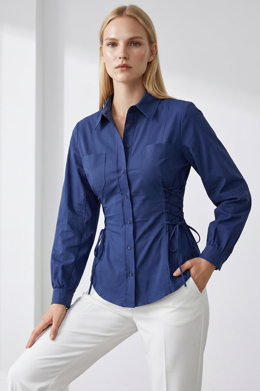 Arcene Balloon Sleeve Shirt - NAVY BLUE