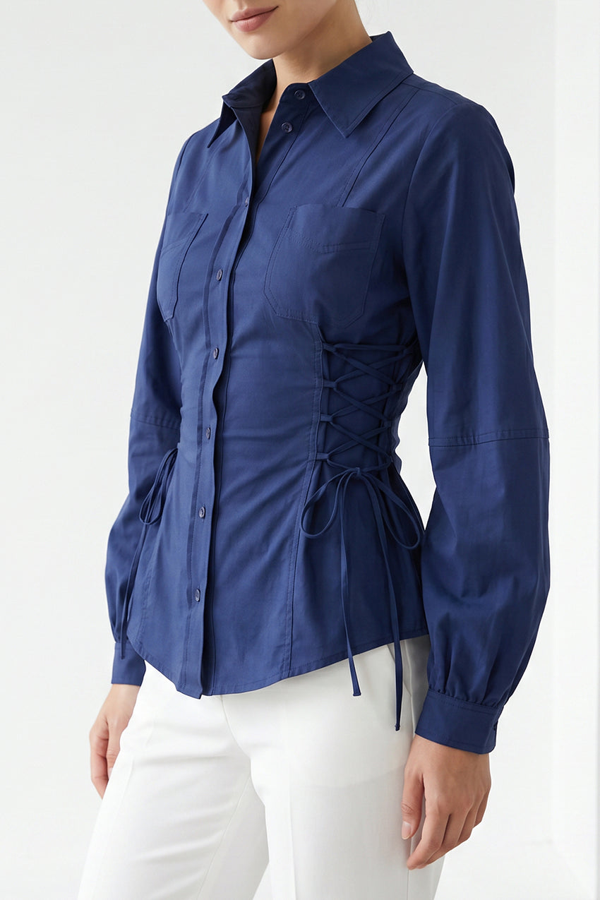 Arcene Balloon Sleeve Shirt - NAVY BLUE