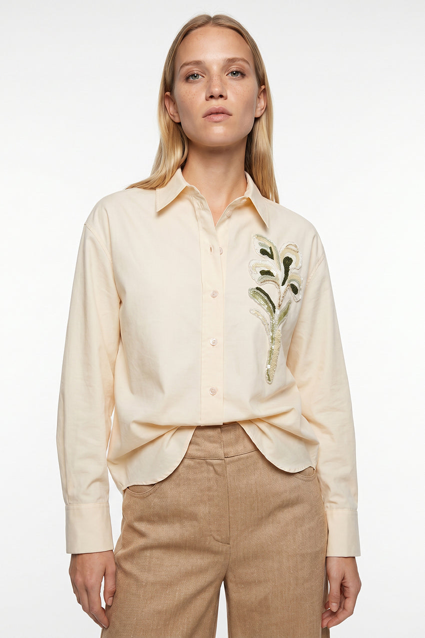 Embroidered Collared Shirt with Long Sleeves - Cream