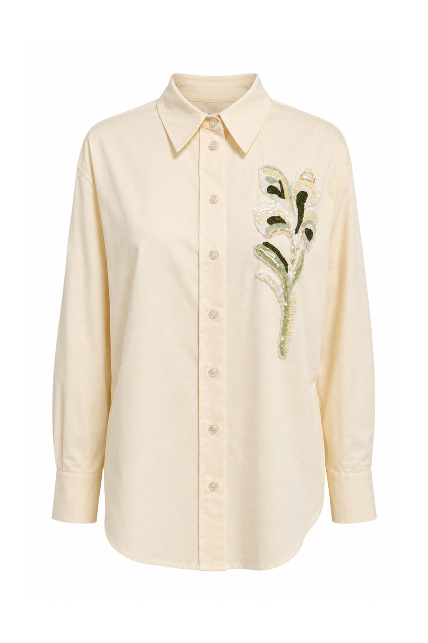 Embroidered Collared Shirt with Long Sleeves - Cream