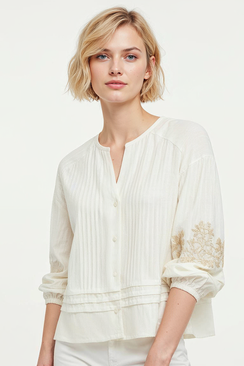 Berthe  V Neck Shirt with Long Sleeves - ECRU