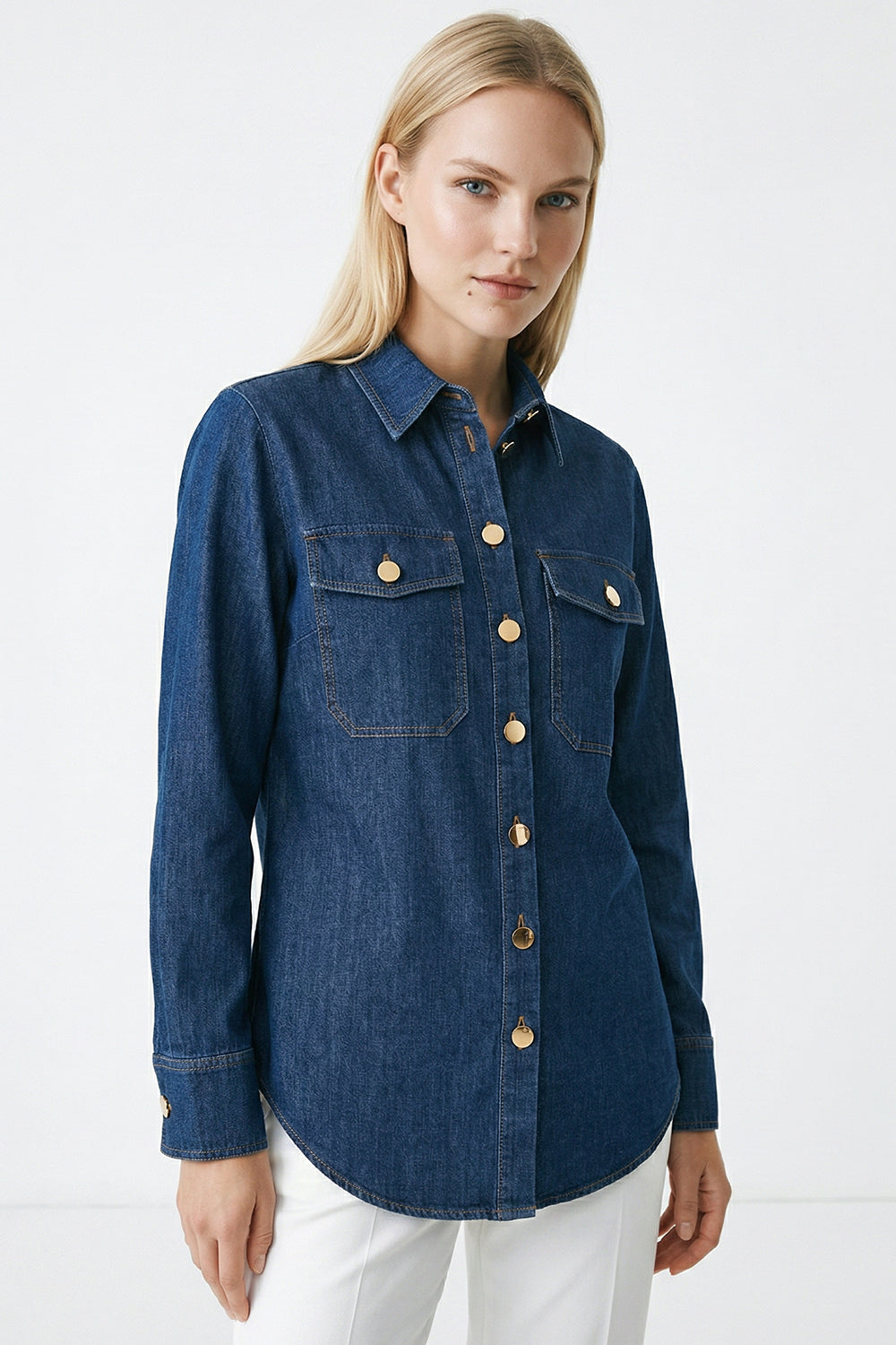 Shirt Collar Long Sleeve Snap Button Denim Shirt - DENIM BLUE
