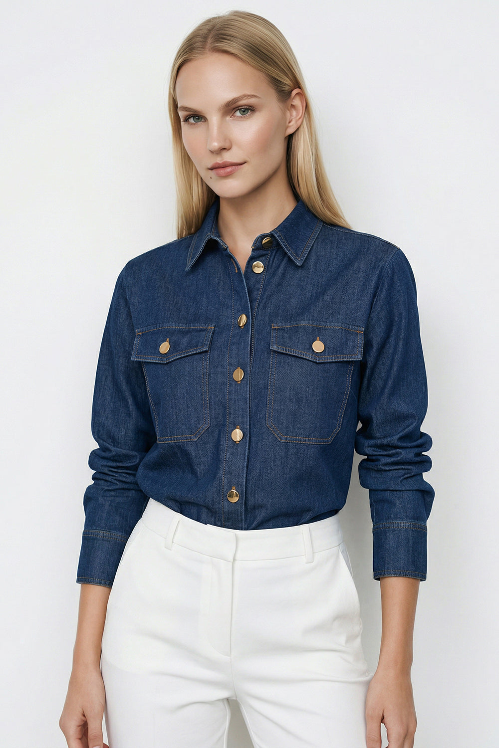 Shirt Collar Long Sleeve Snap Button Denim Shirt - DENIM BLUE
