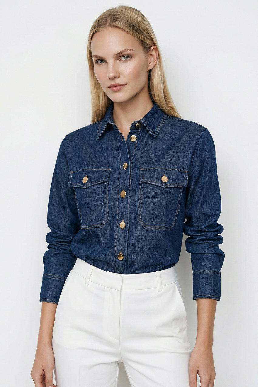 Shirt Collar Long Sleeve Snap Button Denim Shirt - DENIM BLUE
