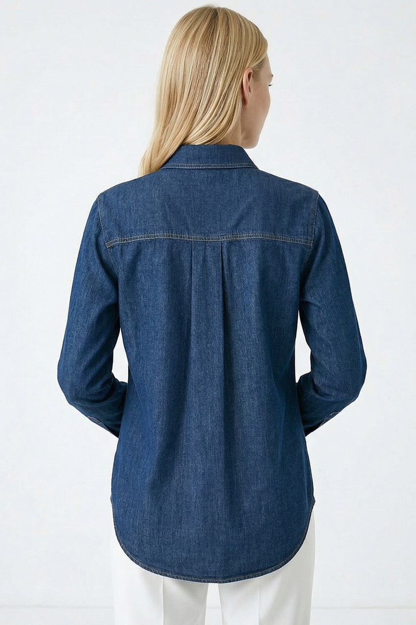 Shirt Collar Long Sleeve Snap Button Denim Shirt - DENIM BLUE
