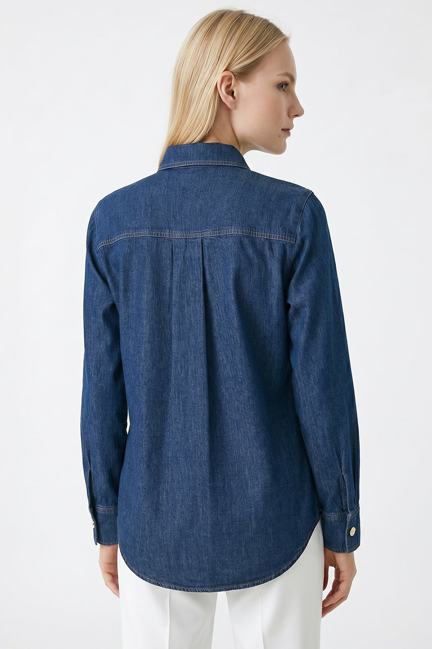 Shirt Collar Long Sleeve Snap Button Denim Shirt - DENIM BLUE