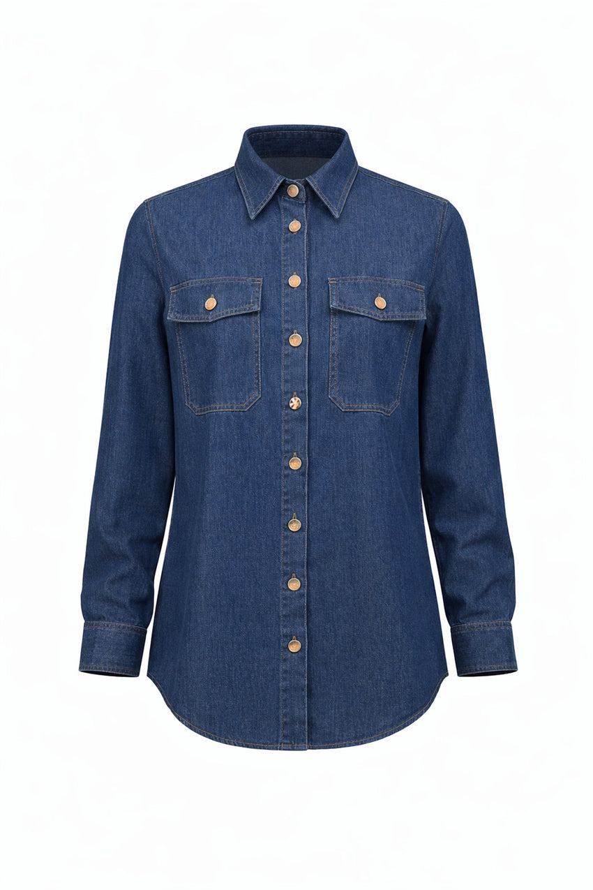 Shirt Collar Long Sleeve Snap Button Denim Shirt - DENIM BLUE