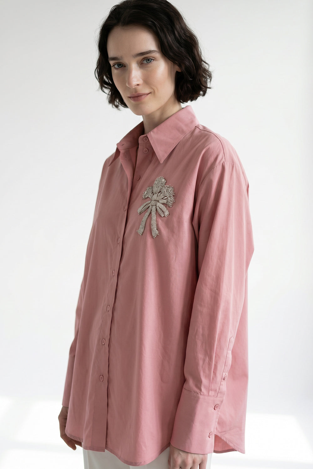 Shirt Collar Long Sleeve Embroidered Cuffed Shirt - PINK