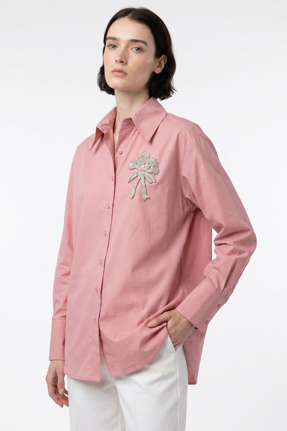 Shirt Collar Long Sleeve Embroidered Cuffed Shirt - PINK