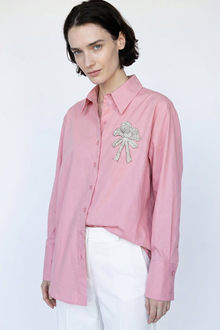 Shirt Collar Long Sleeve Embroidered Cuffed Shirt - PINK