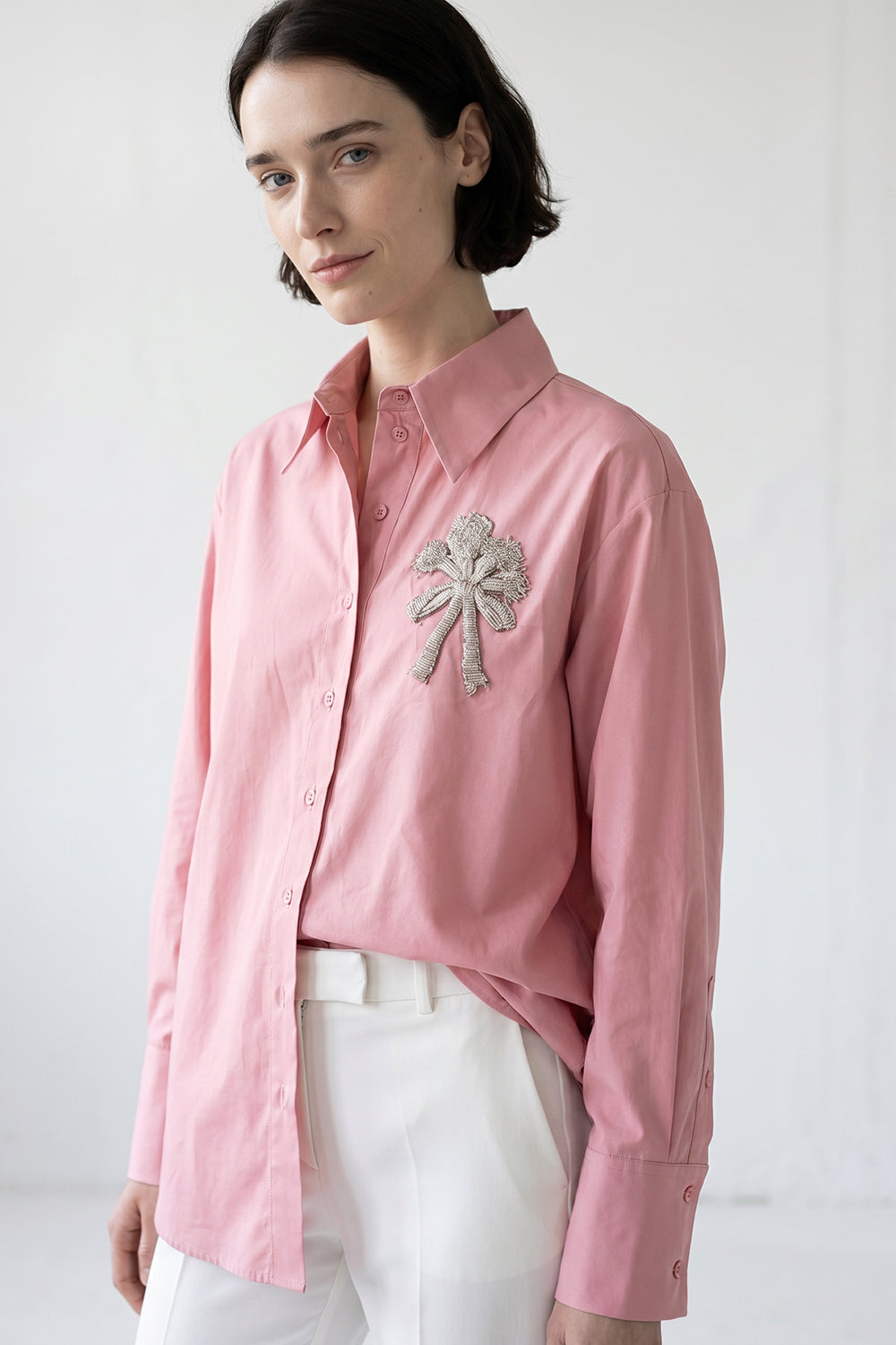 Shirt Collar Long Sleeve Embroidered Cuffed Shirt - PINK