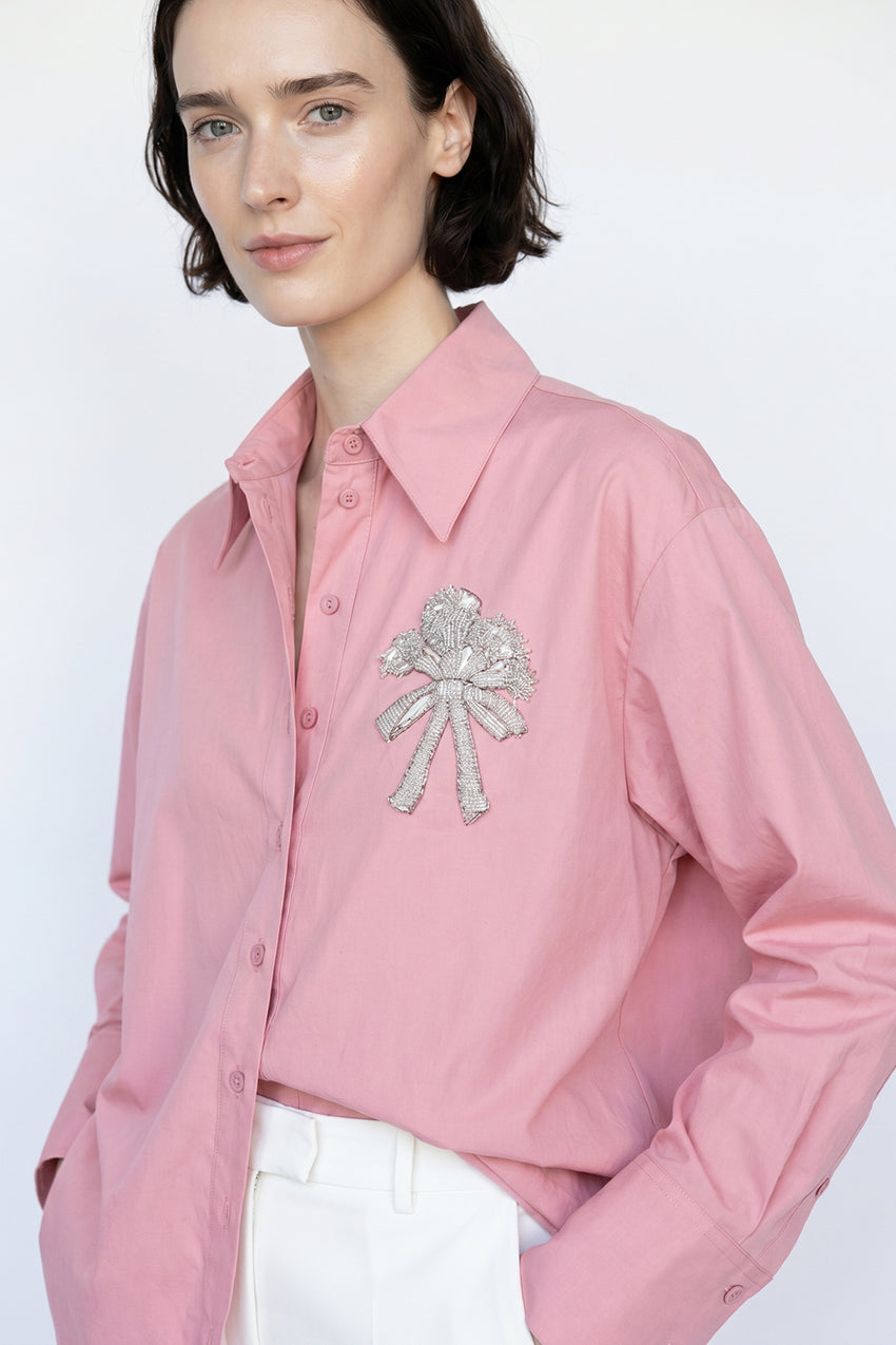 Shirt Collar Long Sleeve Embroidered Cuffed Shirt - PINK