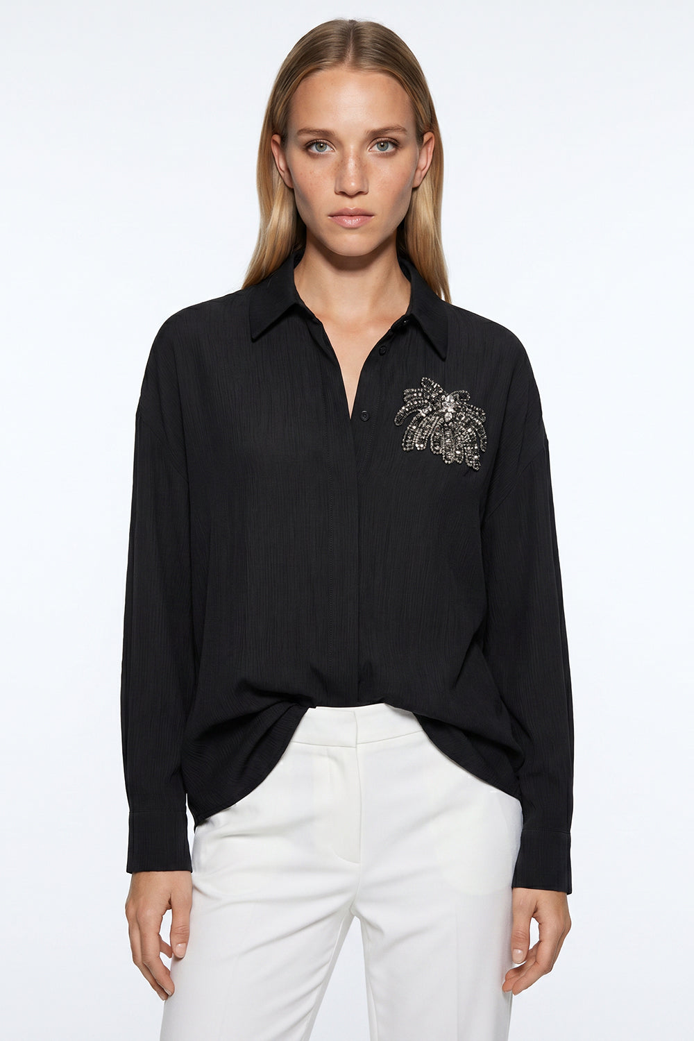 Collared Long Sleeve Embroidered Crinkle Shirt - Black