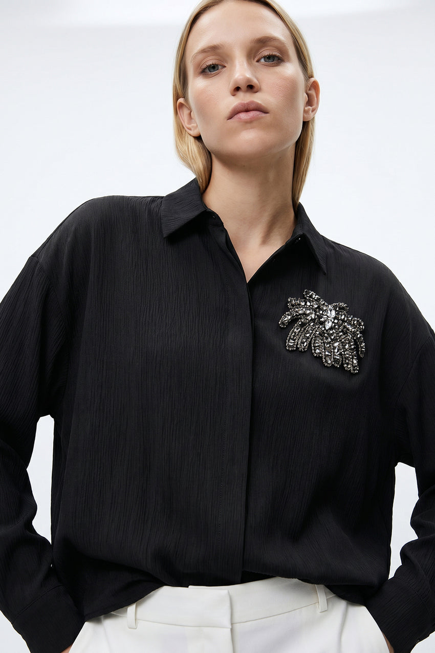 Collared Long Sleeve Embroidered Crinkle Shirt - Black