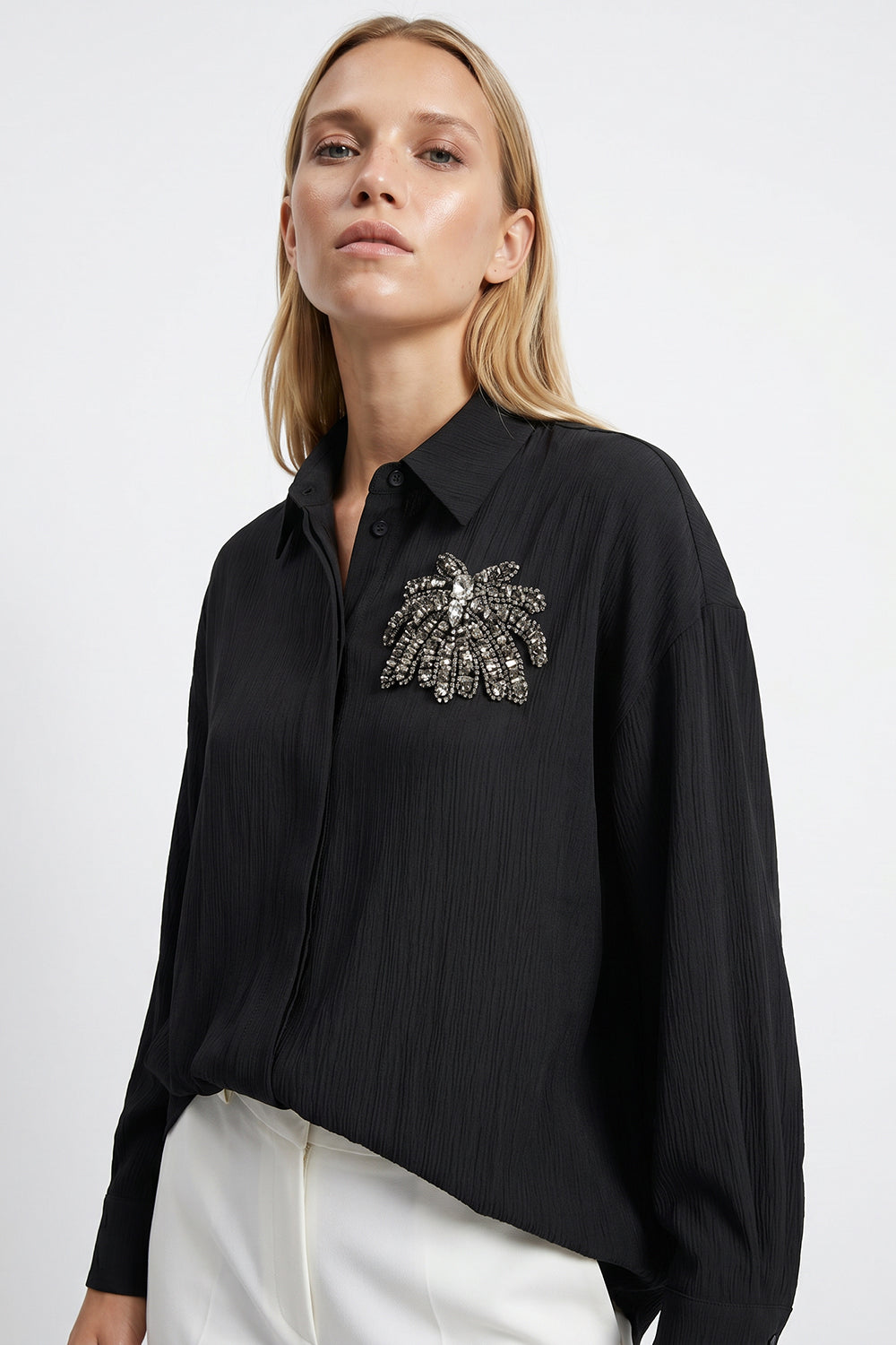Collared Long Sleeve Embroidered Crinkle Shirt - Black