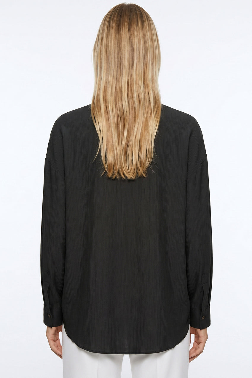 Collared Long Sleeve Embroidered Crinkle Shirt - Black