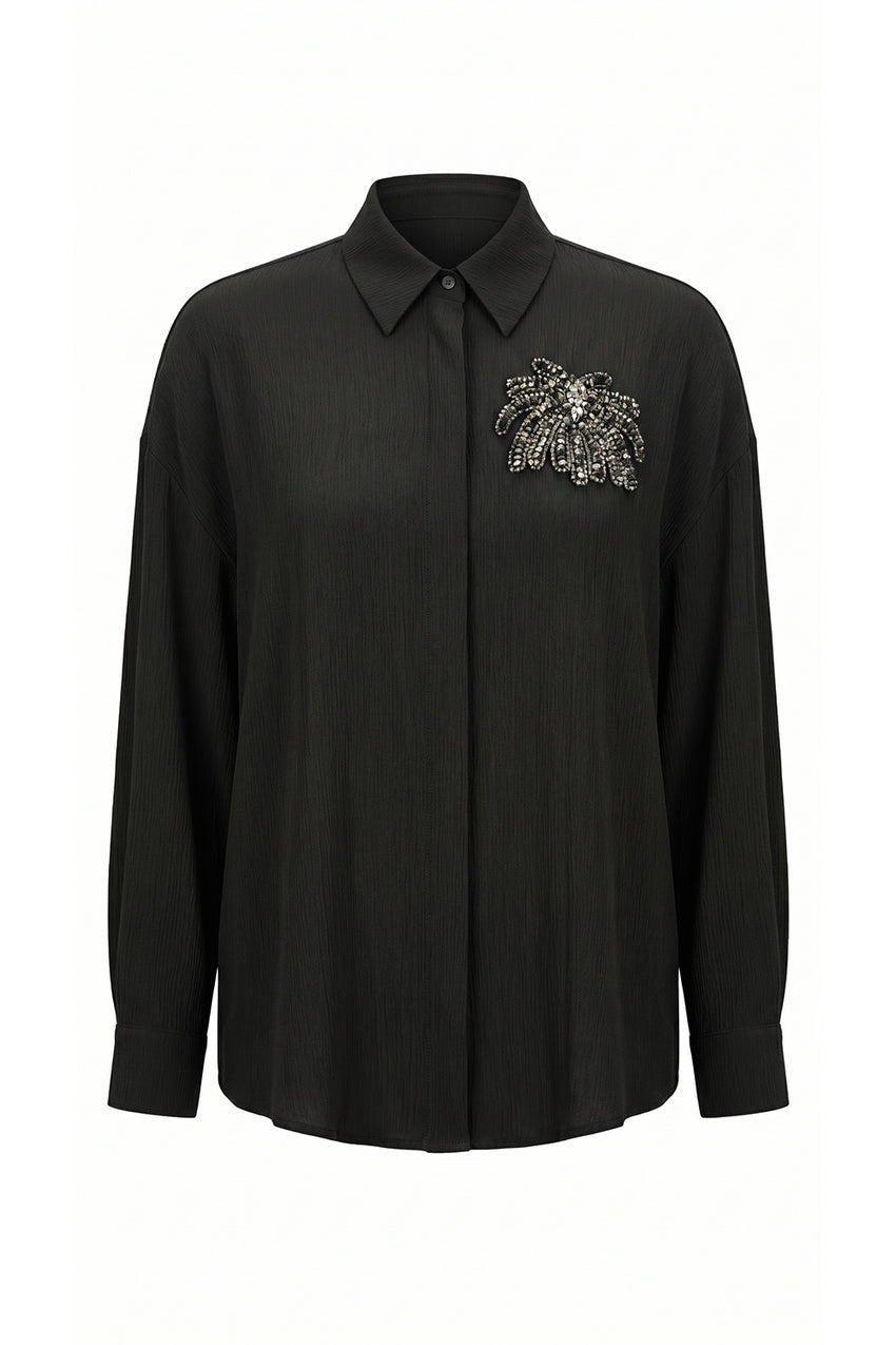 Collared Long Sleeve Embroidered Crinkle Shirt - Black