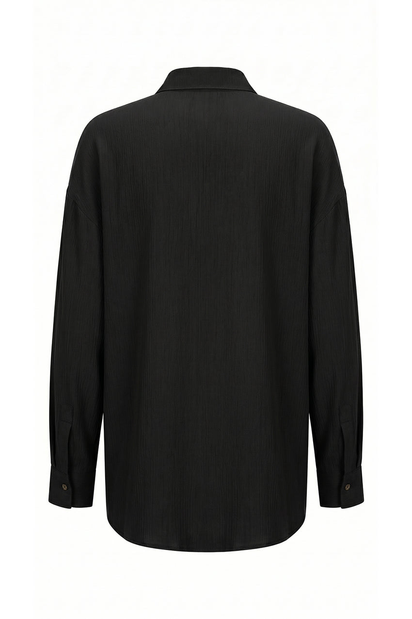 Collared Long Sleeve Embroidered Crinkle Shirt - Black