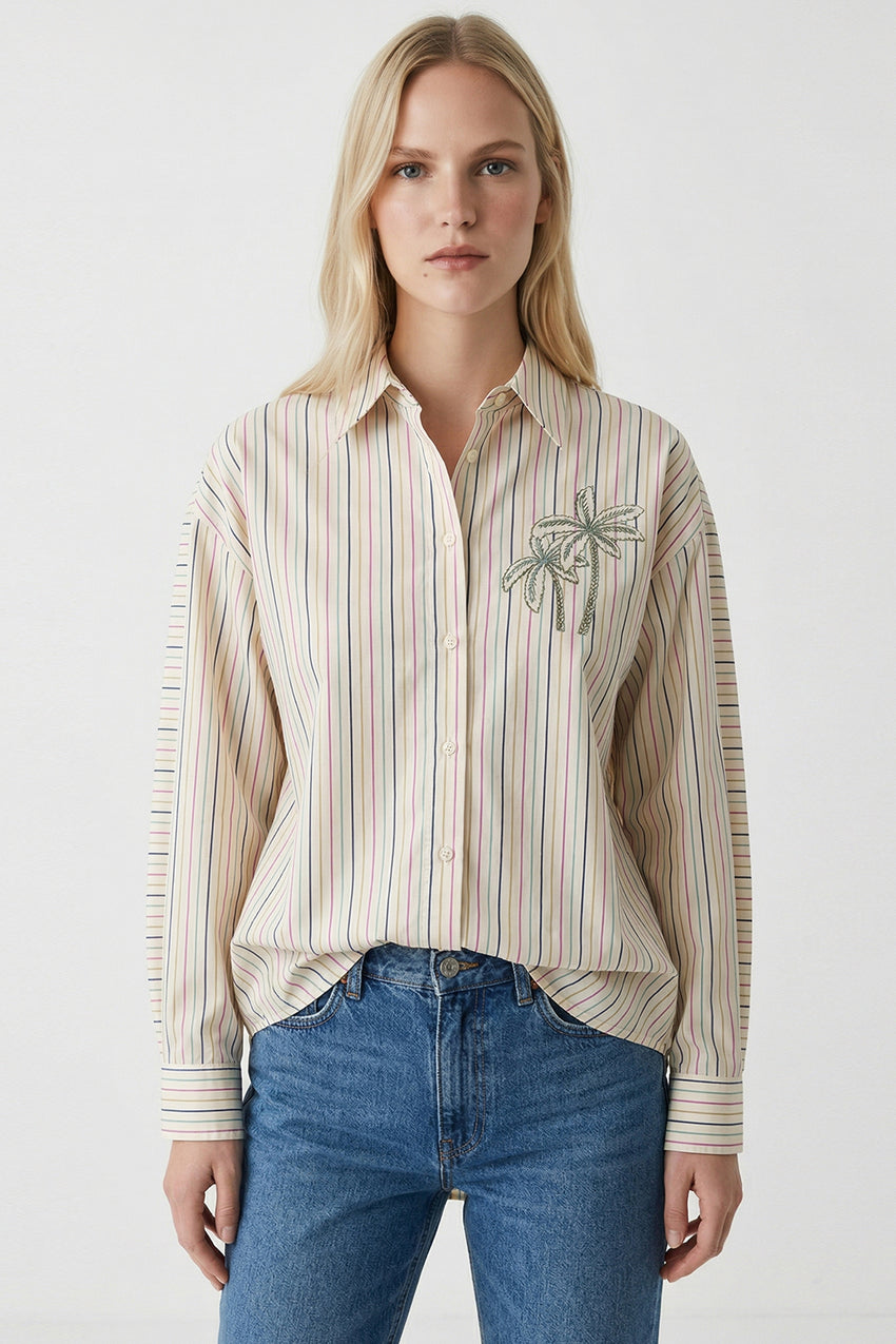 Gage Embroidered Long Sleeve Shirt - BEIGE
