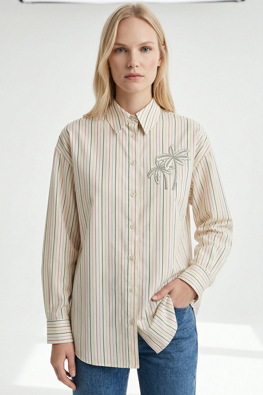 Gage Embroidered Long Sleeve Shirt - BEIGE