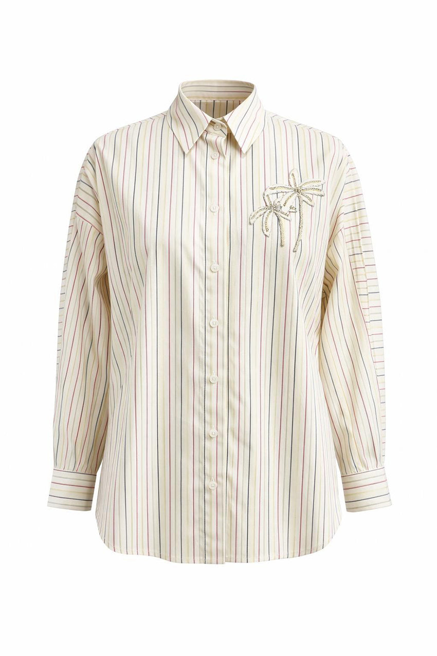 Gage Embroidered Long Sleeve Shirt - BEIGE