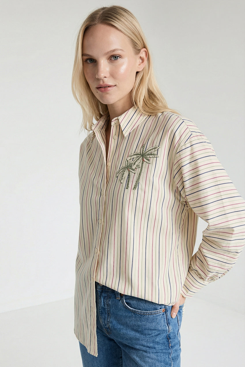 Gage Embroidered Long Sleeve Shirt - BEIGE