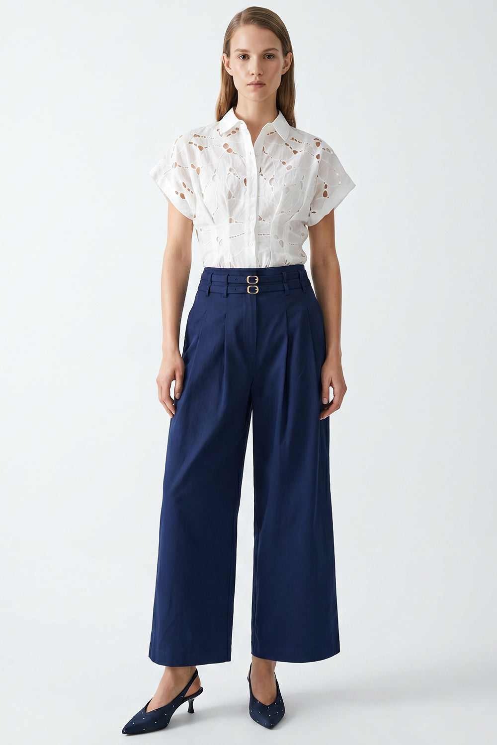 Mckenna Belted High Waisted Pleated Pants - Navy