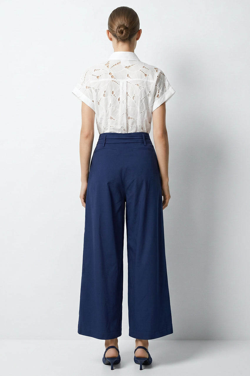 Mckenna Belted High Waisted Pleated Pants - Navy