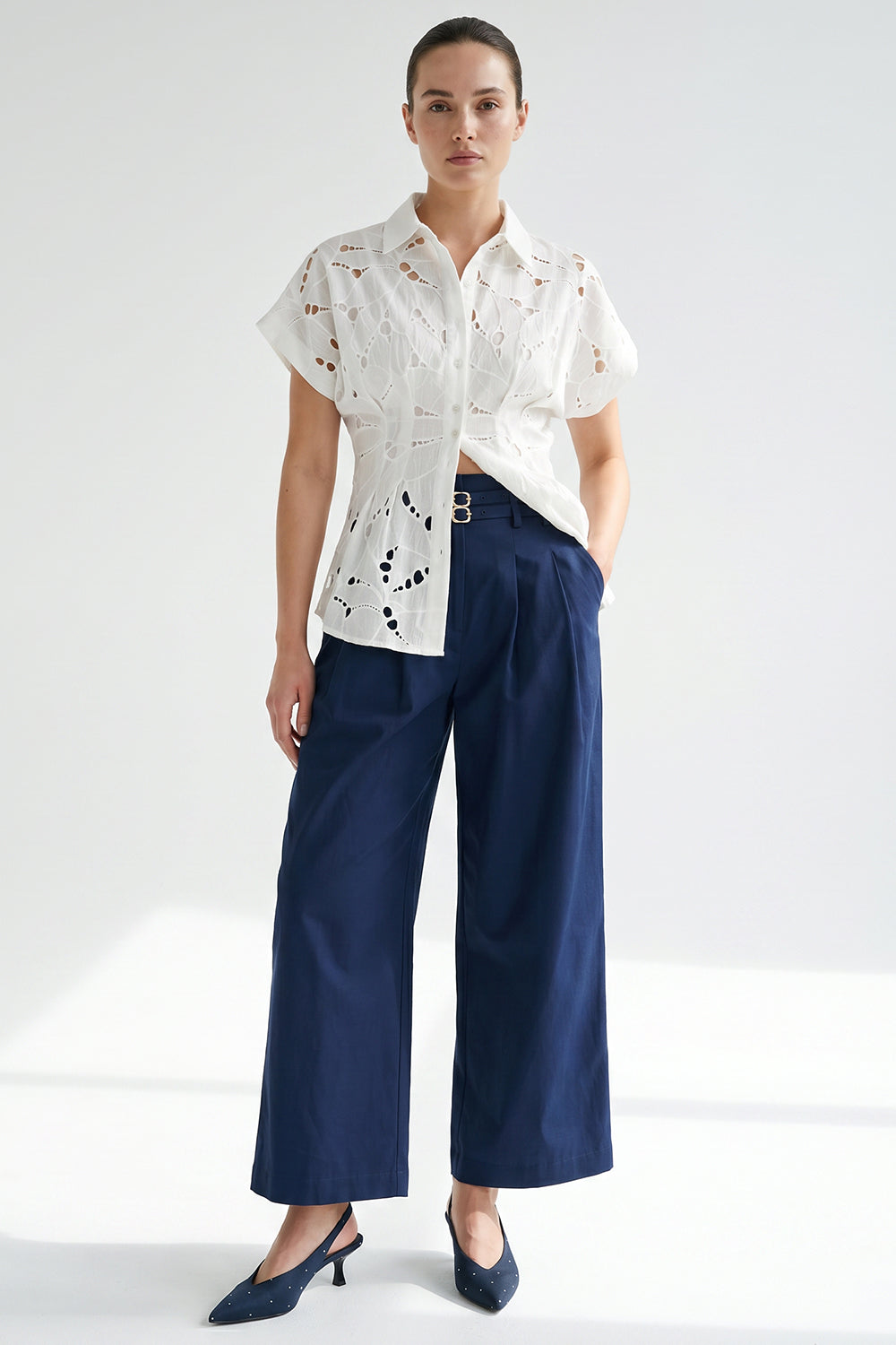 Mckenna Belted High Waisted Pleated Pants - Navy