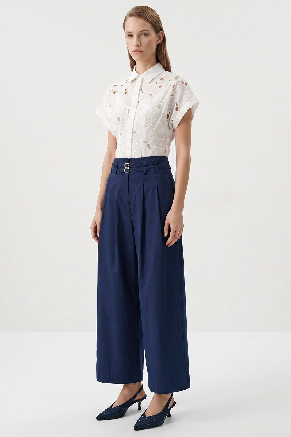Eesett&Co WIDE TROUSERS チノパン　ネイビー Mckenna Belted High Waisted Pleated Pants - Navy