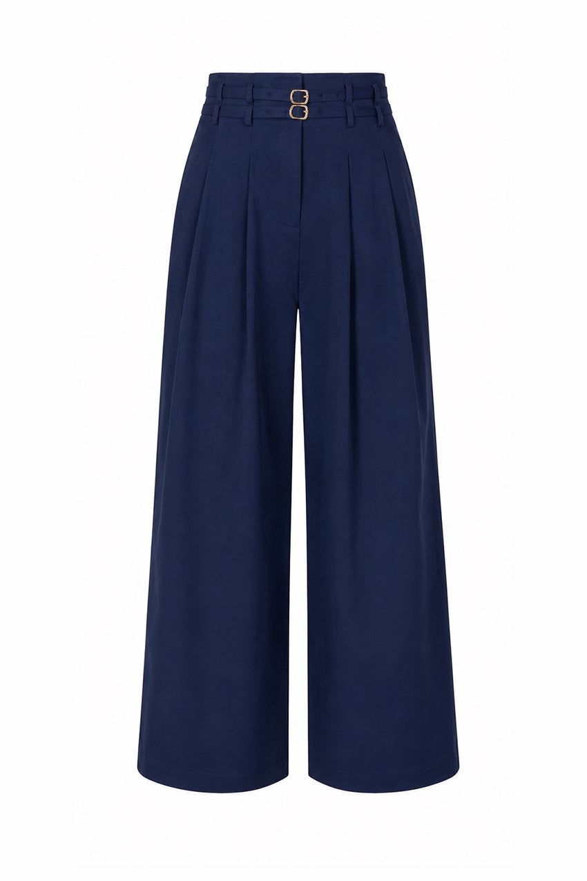 Mckenna Belted High Waisted Pleated Pants - Navy