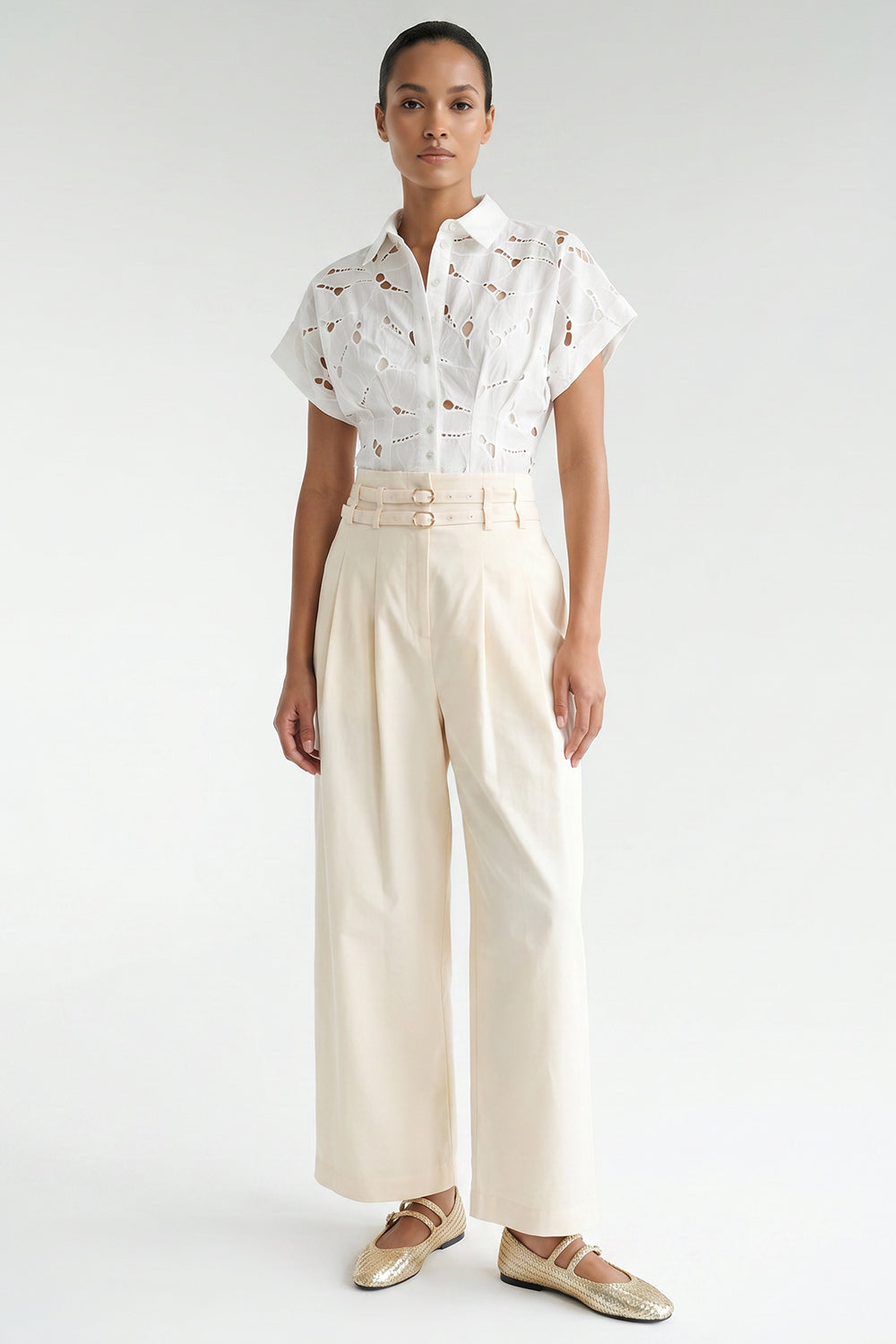 Belted High-Waisted Pleated Pocket Culotte Trousers - Ecru