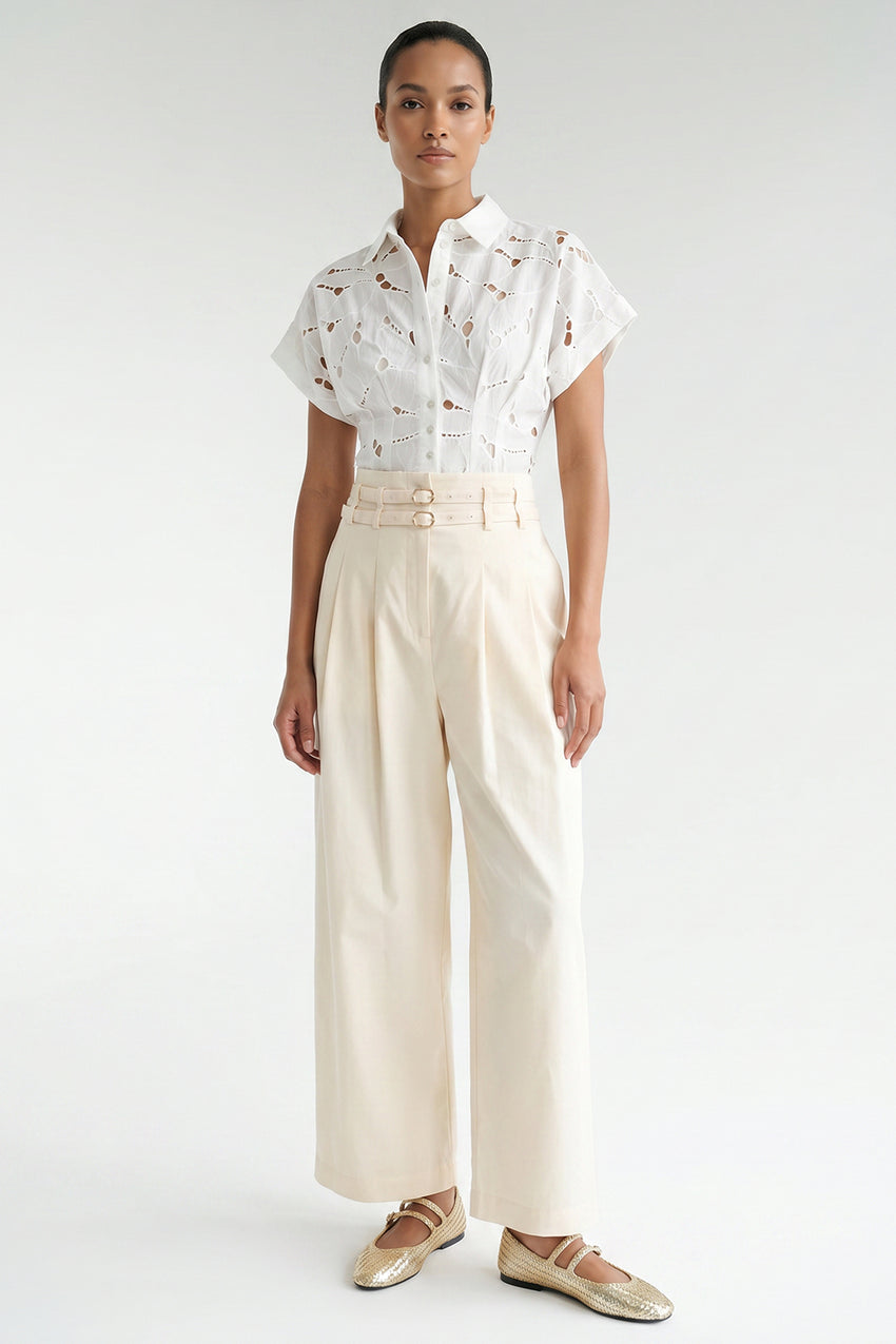 Belted High-Waisted Pleated Pocket Culotte Trousers - Ecru