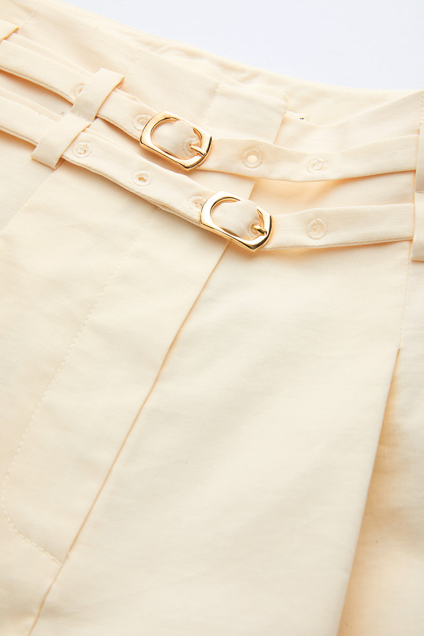 Belted High-Waisted Pleated Pocket Culotte Trousers - Ecru