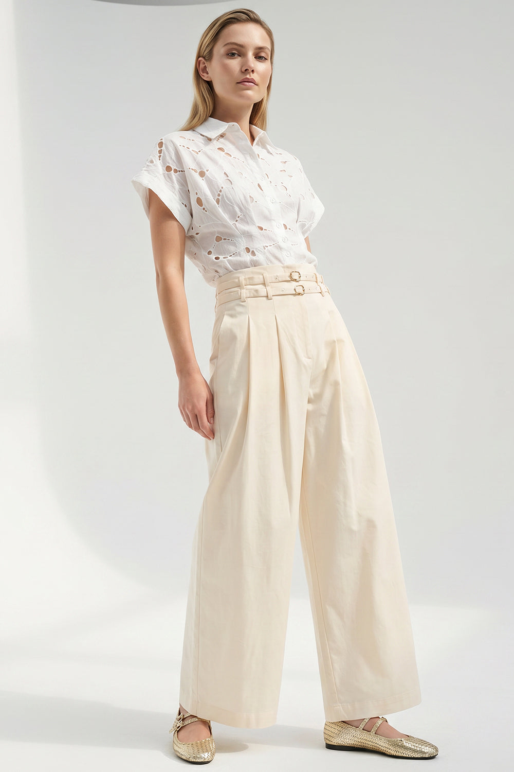 Belted High-Waisted Pleated Pocket Culotte Trousers - Ecru