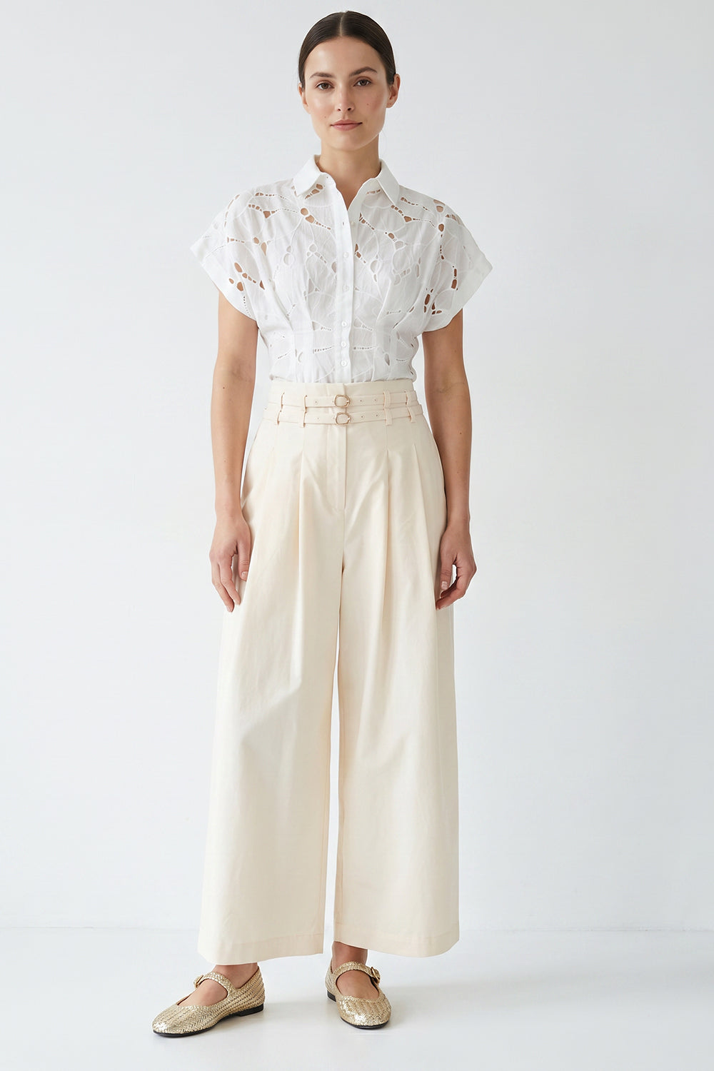 Belted High-Waisted Pleated Pocket Culotte Trousers - Ecru