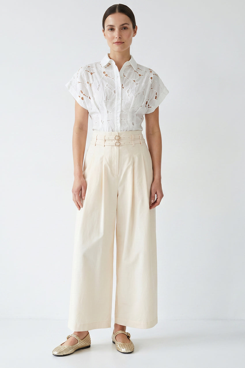 Belted High-Waisted Pleated Pocket Culotte Trousers - Ecru