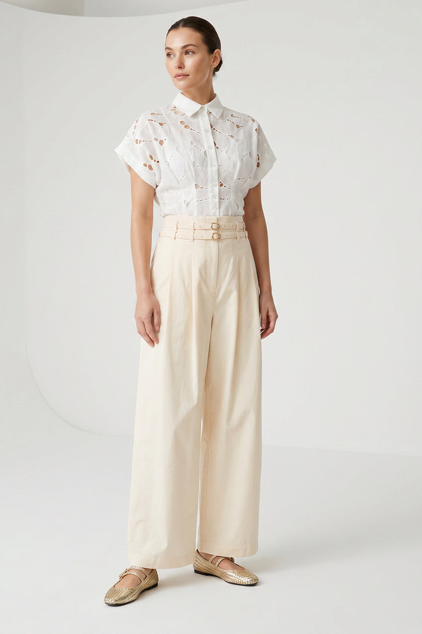 Belted High-Waisted Pleated Pocket Culotte Trousers - Ecru