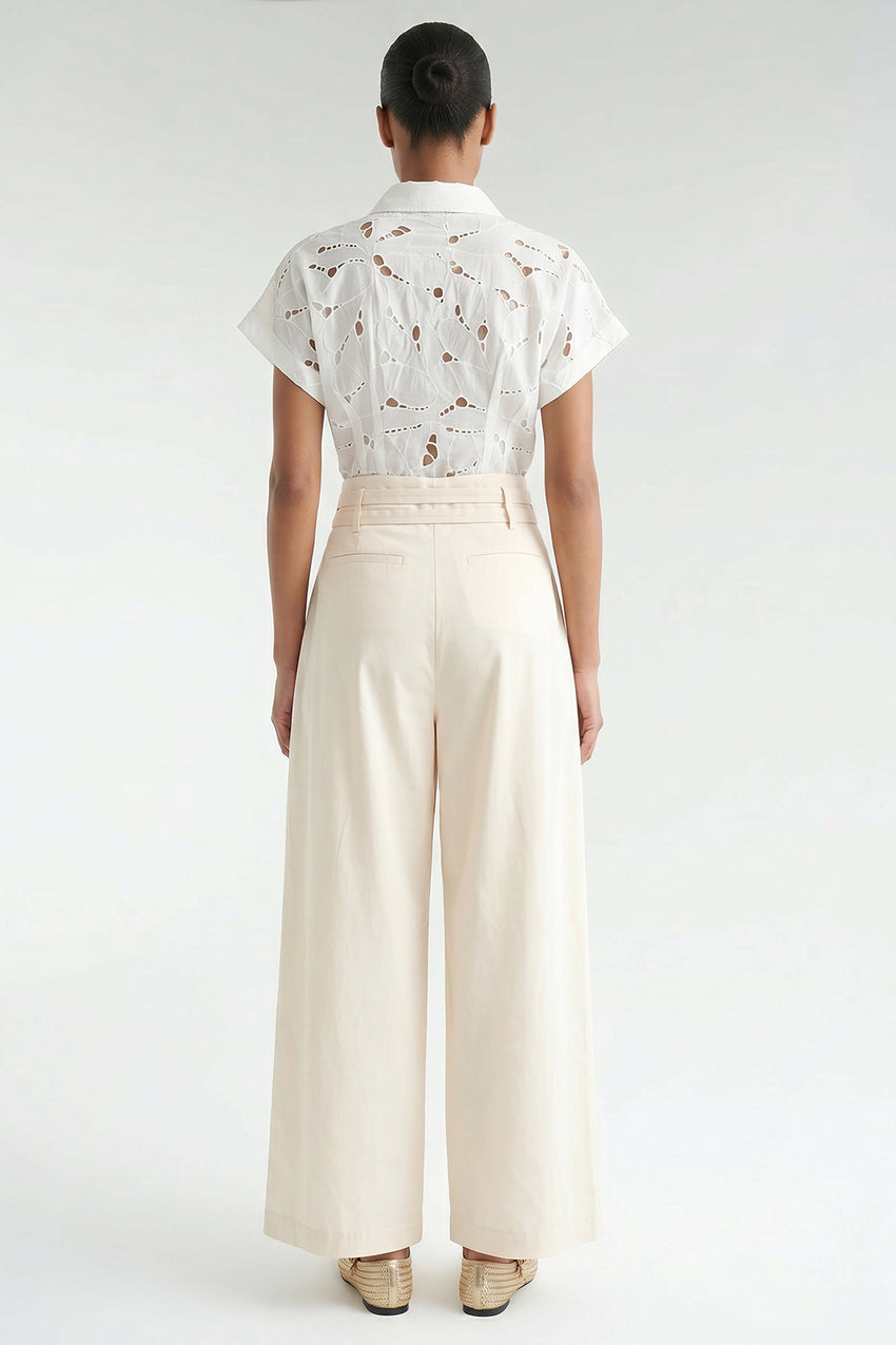 Belted High-Waisted Pleated Pocket Culotte Trousers - Ecru